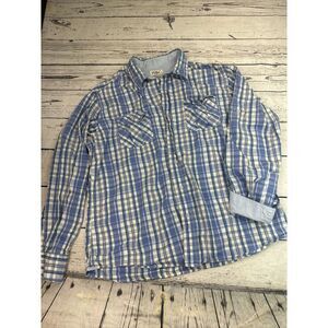 PD&C Shirt Men's XL Blue White Yellow Green‎ Plaid Long Sleeve Button Up